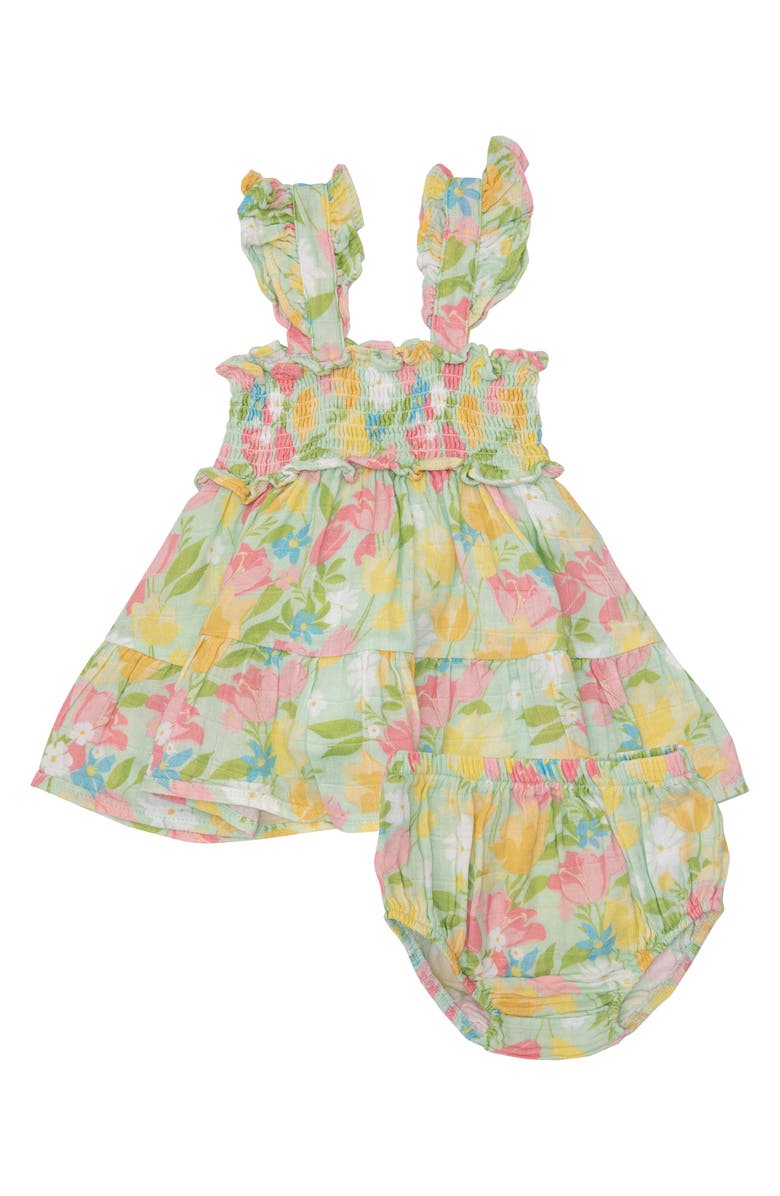 Angel Dear Springtime Tulip Smocked Organic Cotton Muslin Dress & Bloomers Set, Main, color, 