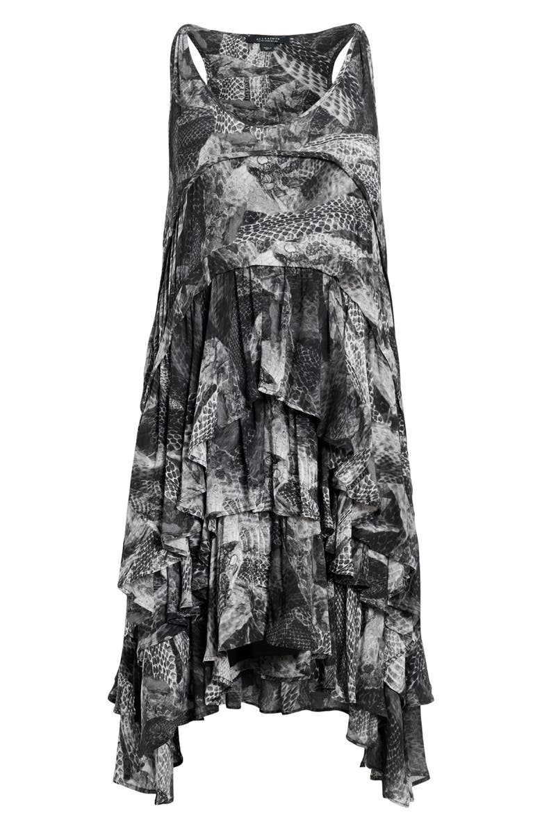 AllSaints Cavarly Snakeskin Print Tiered Asymmetric Hem Dress, Alternate, color,