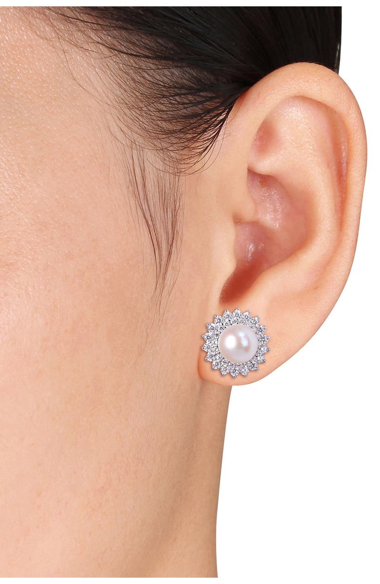 DELMAR Sterling Silver 8.5-9mm Freshwater Cultured Pearl & CZ Stud Earrings, Alternate, color, 