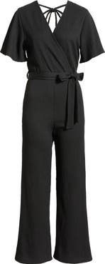 Loveappella Flutter Sleeve Textured Jumpsuit