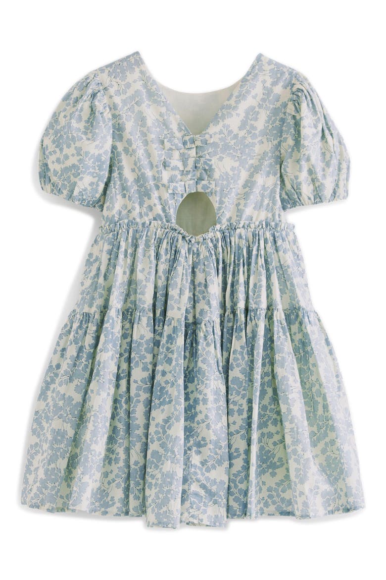 Kids' Floral Tiered Puff Sleeve Cutout Cotton Dress, Alternate, color, IVORY BLUE
