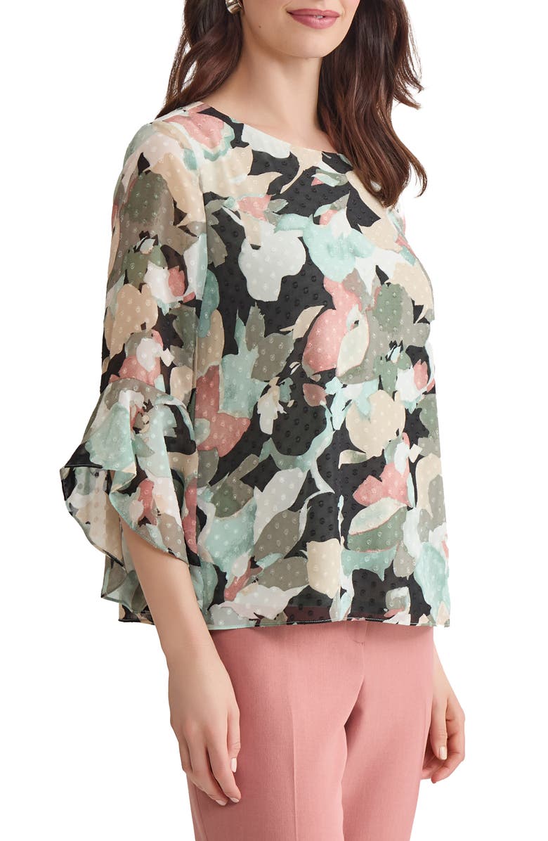 KASPER Clip Dot Ruffle Sleeve Top, Alternate, color, 