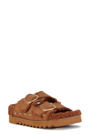 Azalea Wang Tresor High Pile Fleece Trim Slide Sandal In Brown