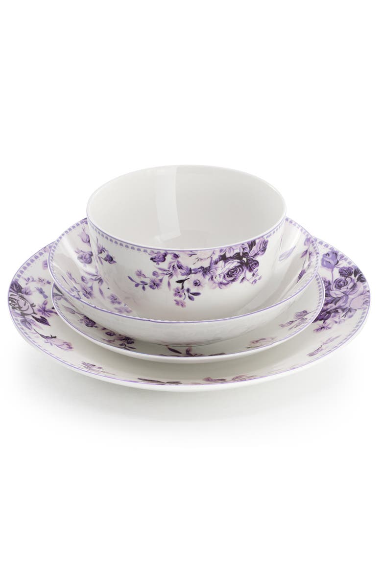 Traditional Purple Rose 24 Piece Porcelain Double Bowl Dinnerware Set, Alternate, color, Purple