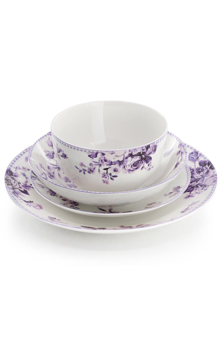 Elama Traditional Purple Rose 24 Piece Porcelain Double Bowl Dinnerware Set, Alternate, color, Purple