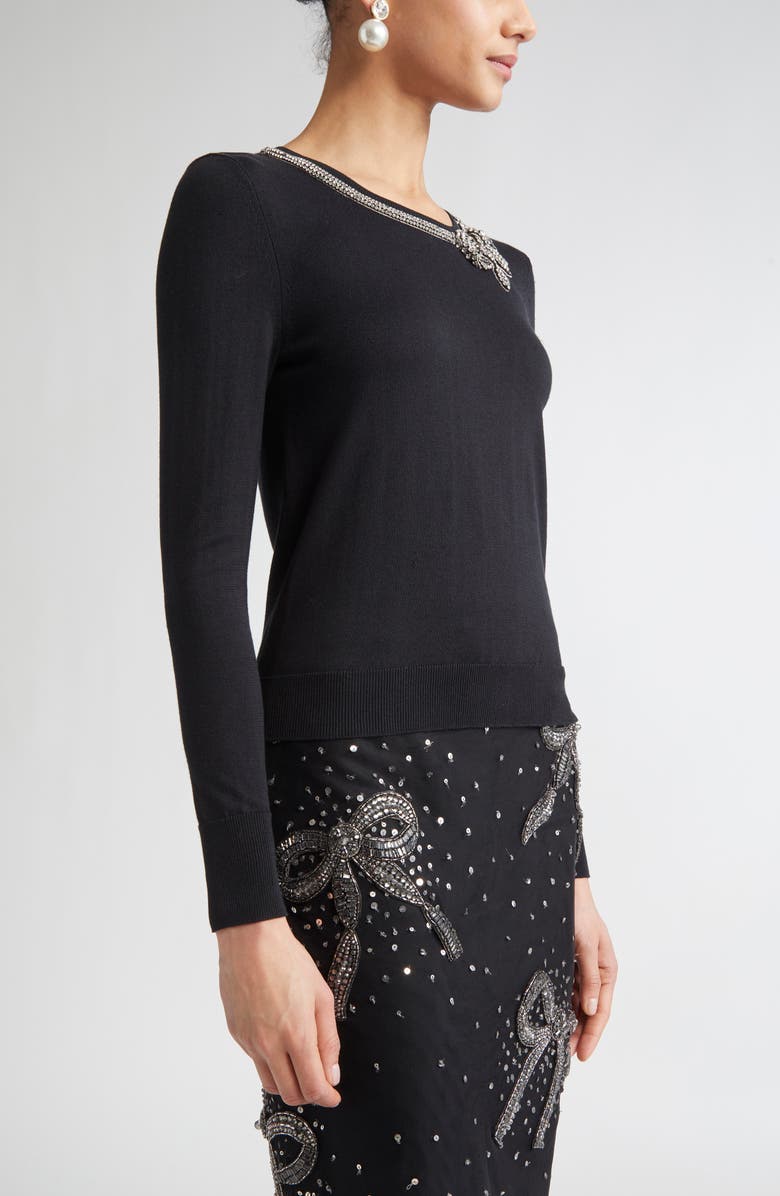 Carolina Herrera Crystal Bow Silk & Cotton Sweater, Alternate, color, Black