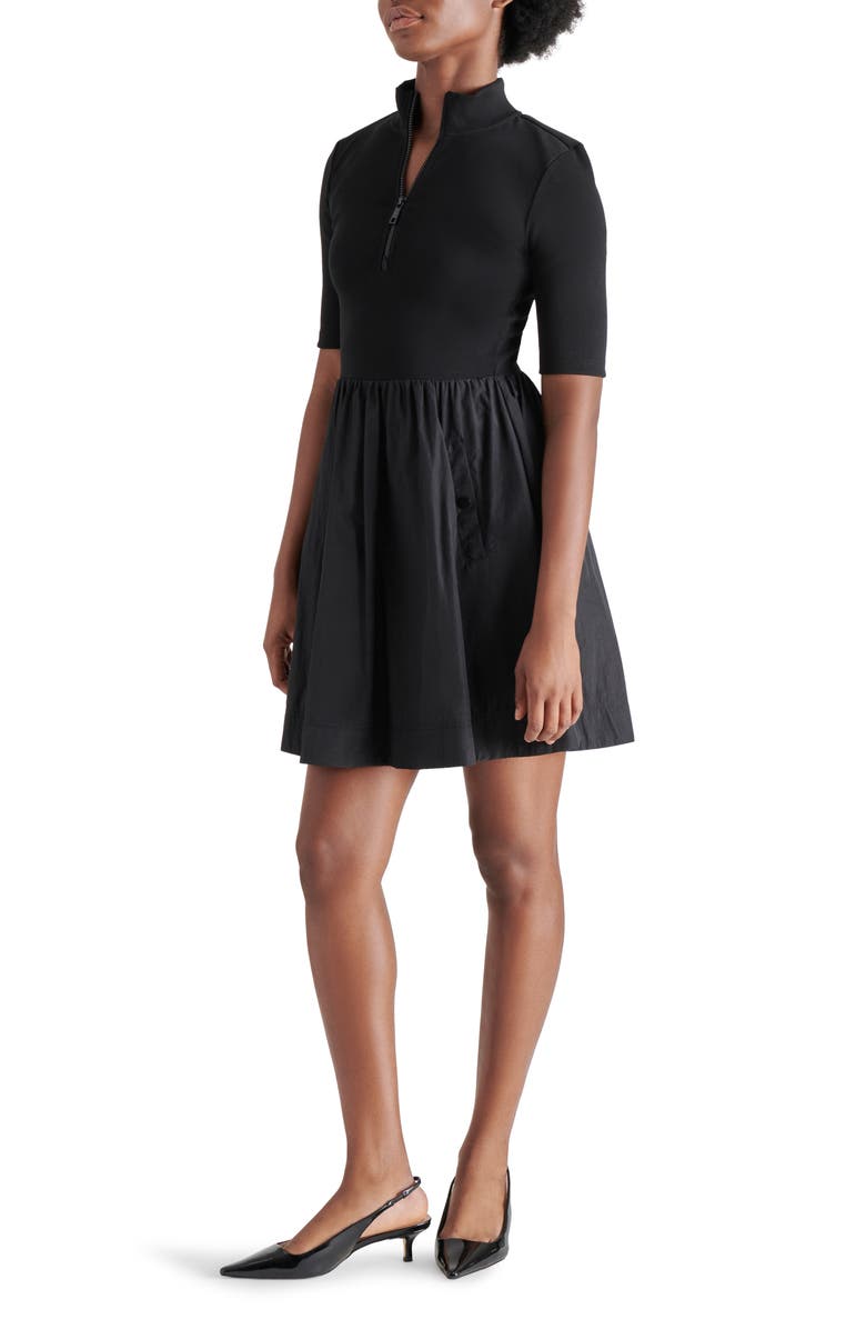 Steve Madden Berlina Half Zip Mixed Media Dress, Alternate, color, Black