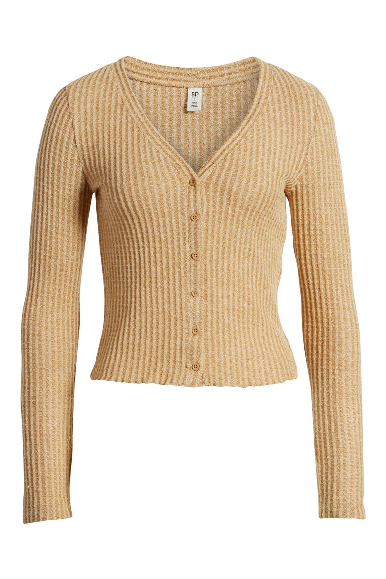 Button Front Long Sleeve Crop Waffle Knit Top, Alternate, color, BROWN BUCKTHORN