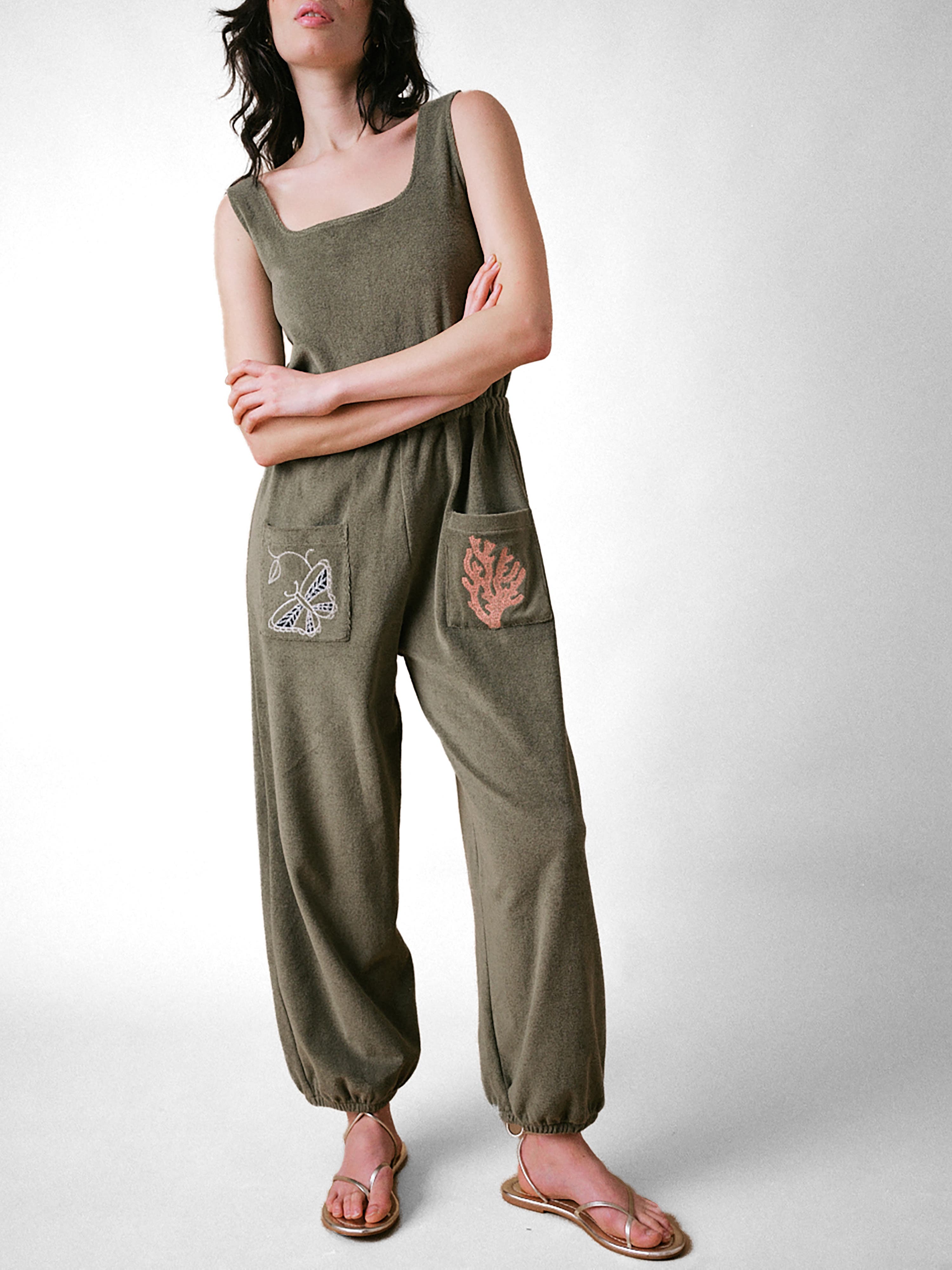 Cape Cove Sea Coral Terry Jumpsuit in Khaki 