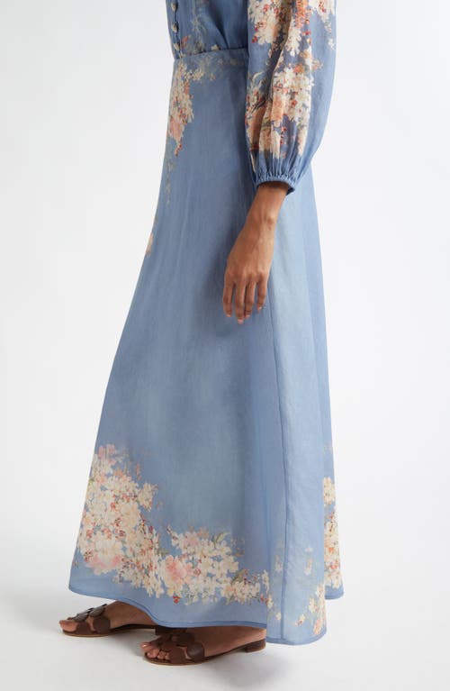 Zimmermann Womens Cascadian Bias Floral Linen Midi Skirt Teal Blue Botanical In Blue