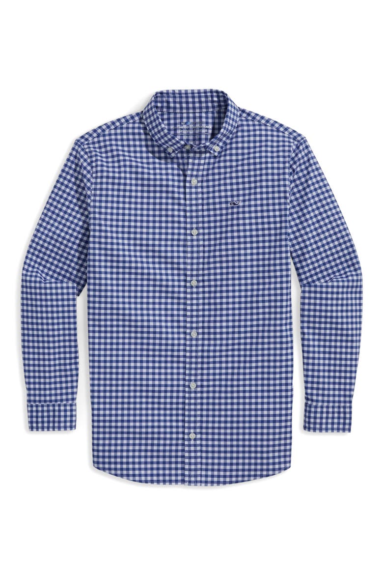 Kids' On-The-Go brrrº Gingham Button-Down Shirt, Main, color, BLUE BAY