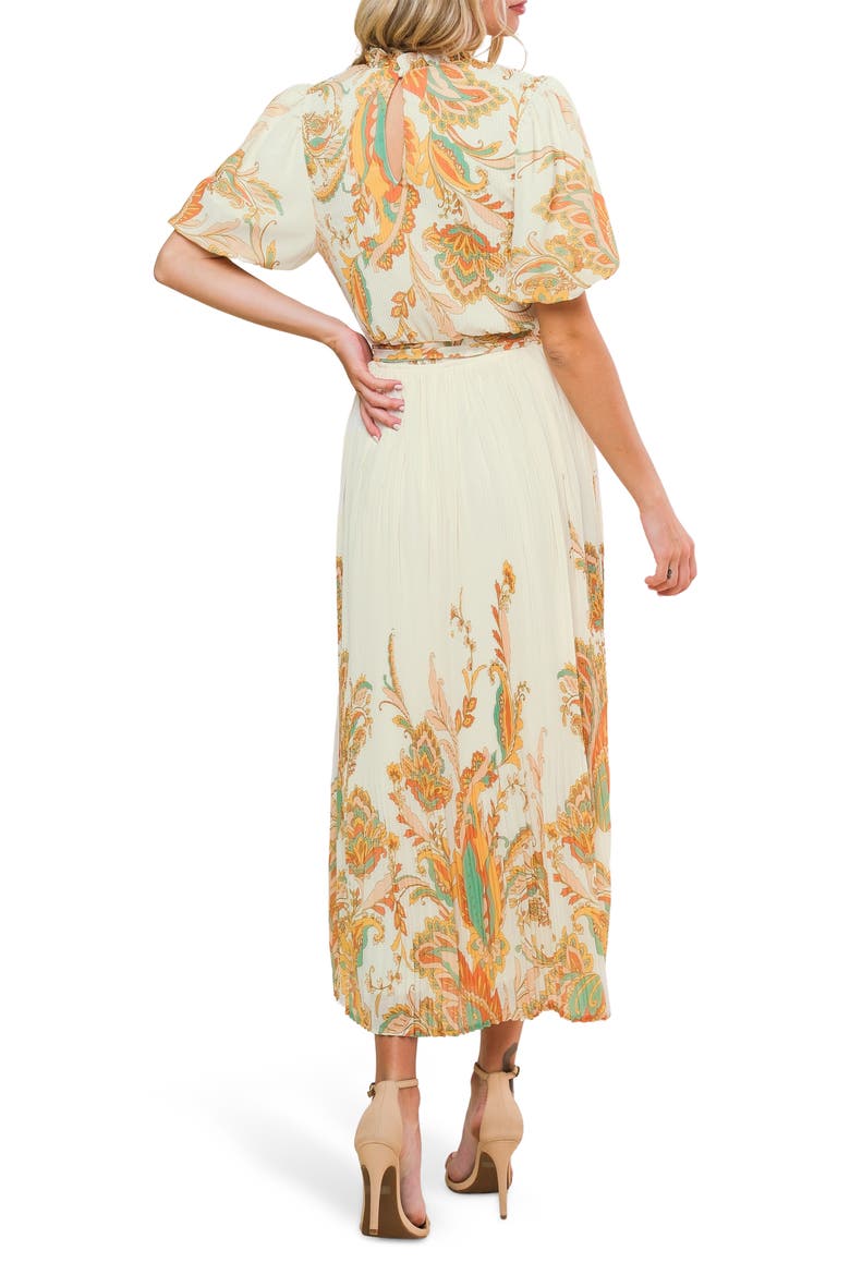 Paisley Puff Sleeve Plissé Midi Dress, Alternate, color, IVORY