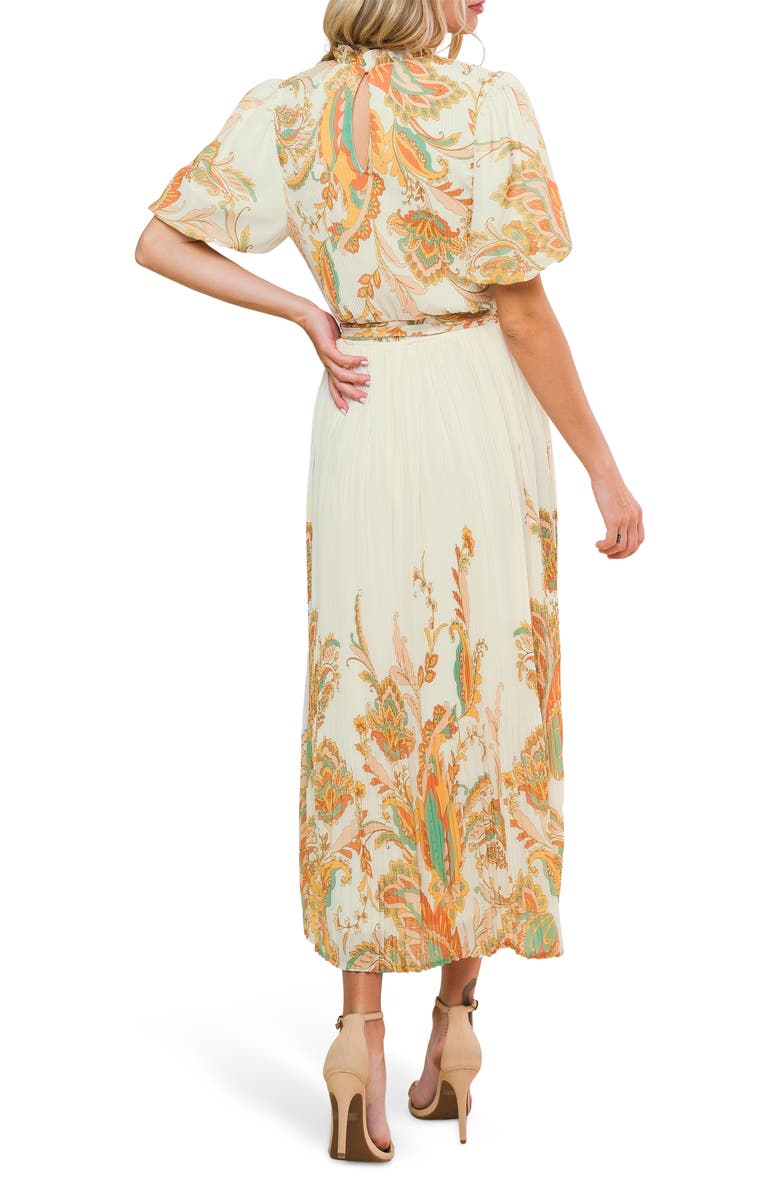 FLYING TOMATO Paisley Puff Sleeve Plissé Midi Dress, Alternate, color, 
