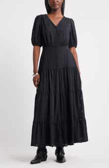 Treasure & Bond Puff Sleeve Tiered Jacquard Maxi Dress