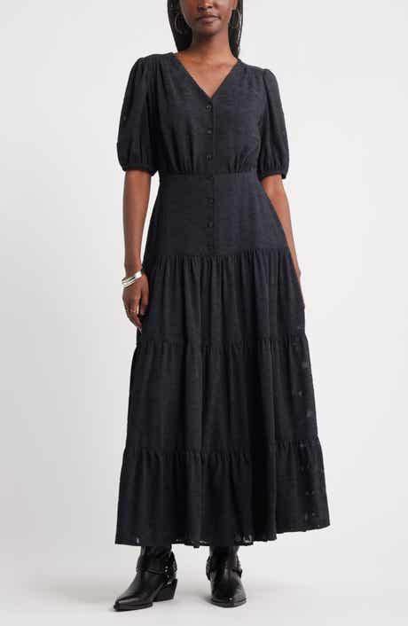 Treasure & Bond Puff Sleeve Tiered Jacquard Maxi Dress