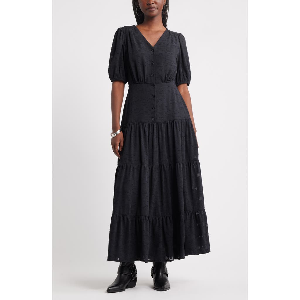 Treasure & Bond Puff Sleeve Tiered Jacquard Maxi Dress In Black