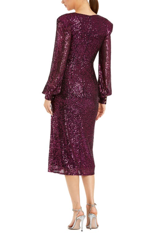Mac Duggal Sequined Structured Bishop Sleeve Midi Dress In Purple