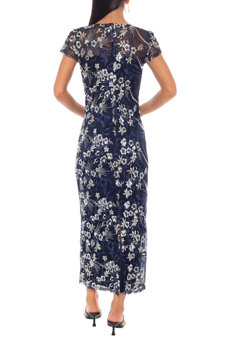 Marina Floral Embroidered Illusion Cap Sleeve Dress, Alternate, color, Navy