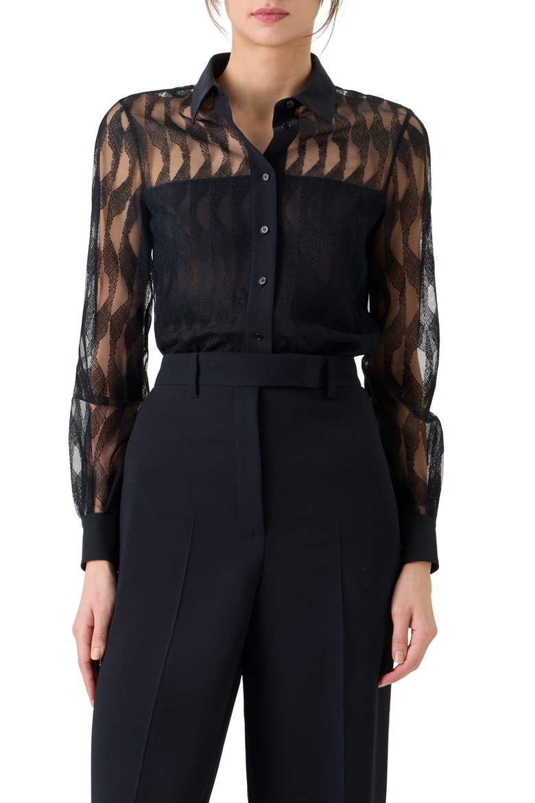 High Plains Tulle Jacquard Button-Up Shirt, Main, color, BLACK