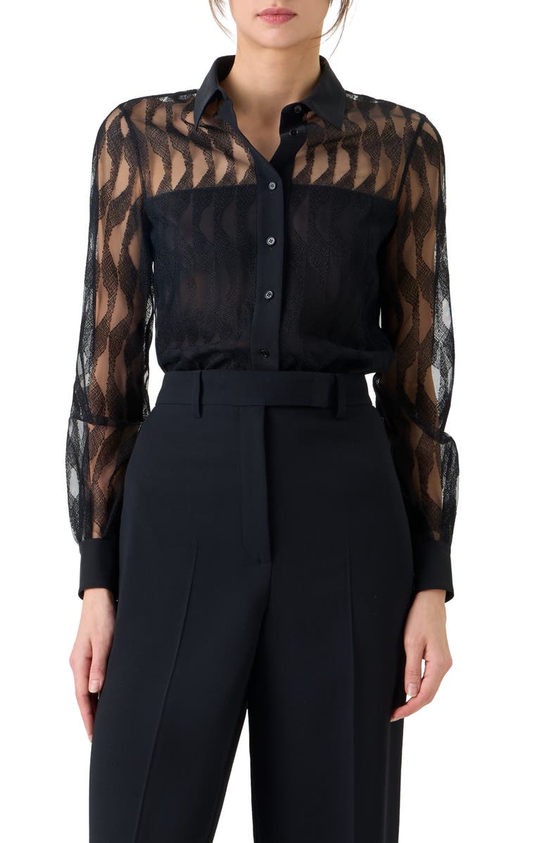 Akris High Plains Tulle Jacquard Button-Up Shirt, Main, color, Black