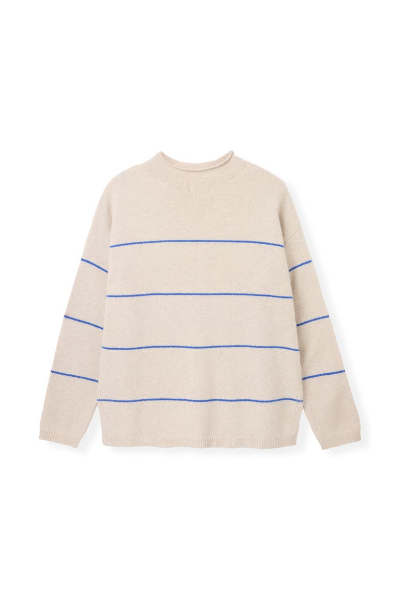 Split Hem Slouch Funnel Neck Jumper, Alternate, color, Ecru Cobalt Stripe