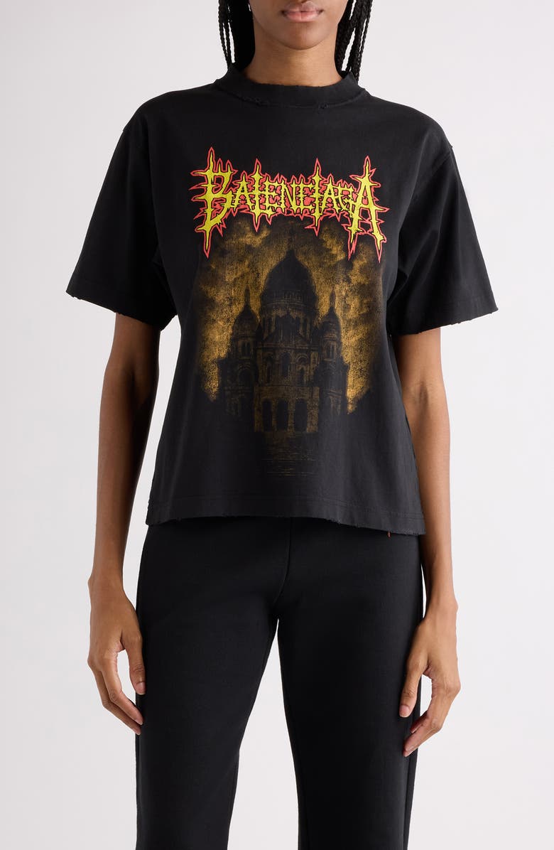 Balenciaga Medium Fit Distressed Sacré Couer Graphic T-Shirt, Main, color, 1000 Black