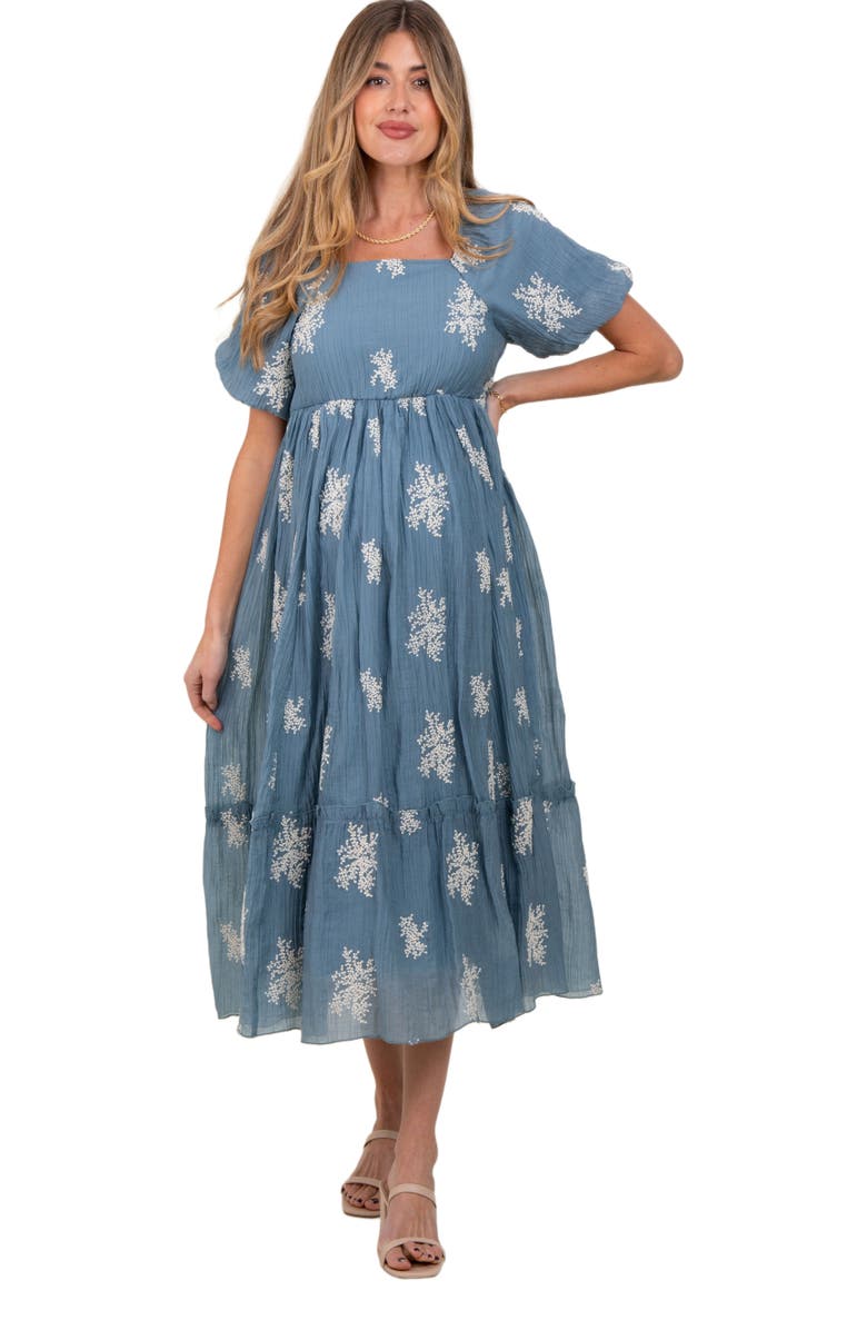 PinkBlush Floral Print Ruffle Hem Midi Dress, Alternate, color, Blue