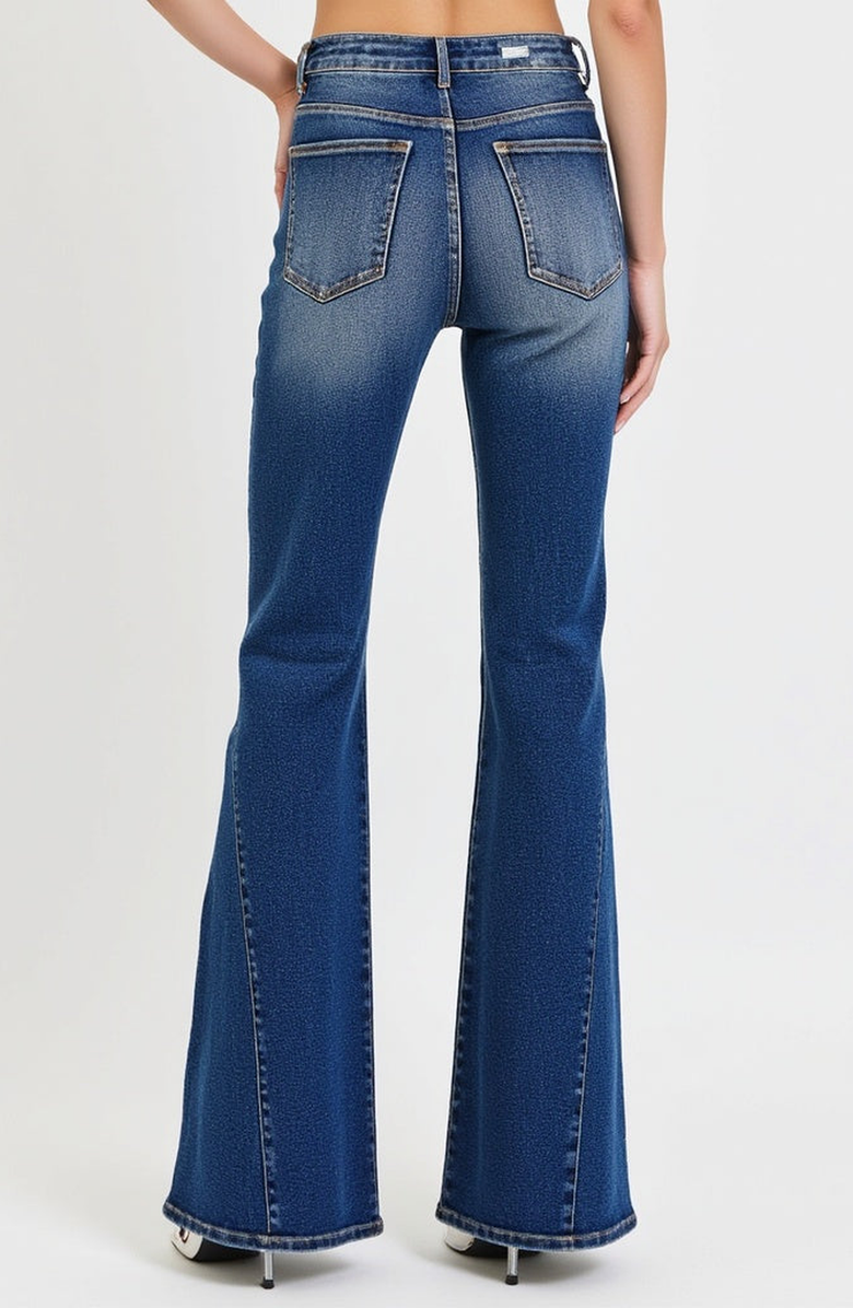 Modenaire High Rise Flare Jeans with Button Fly and Distressed Detail, Alternate, color, Deep Indigo