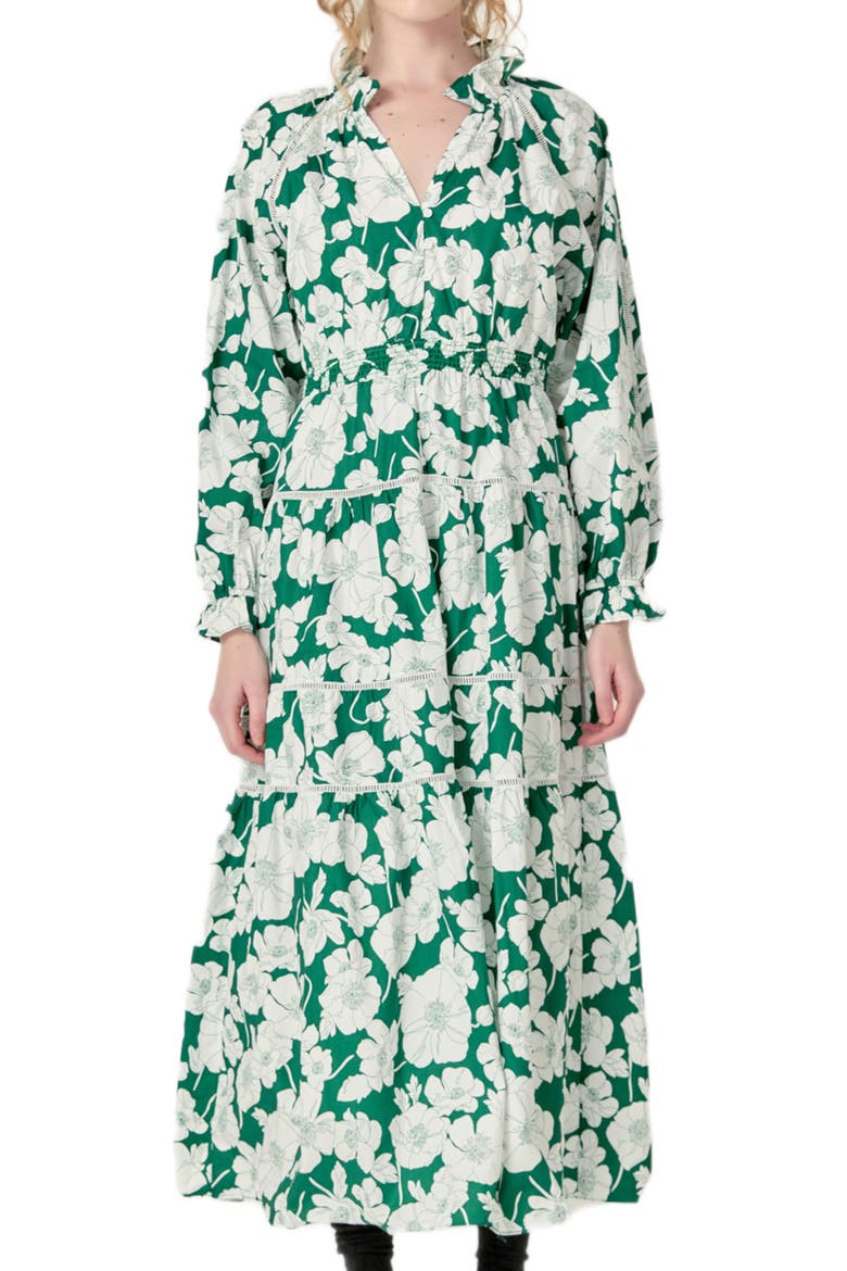 Floral Long Sleeve Cotton Tiered Maxi Dress, Alternate, color, GREEN