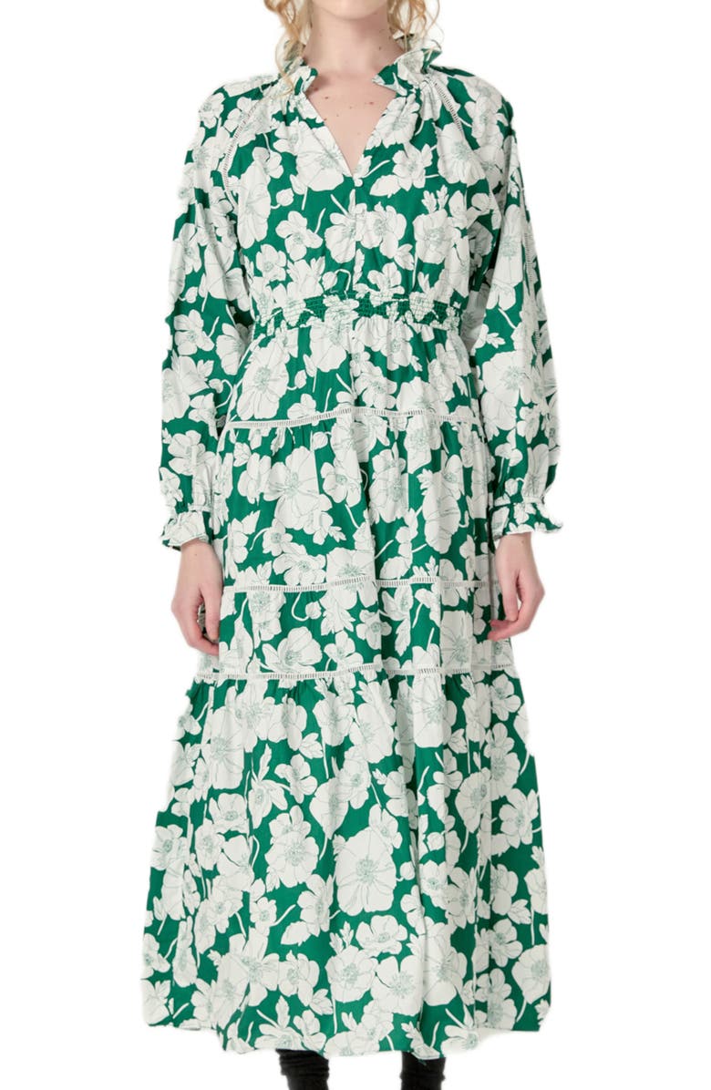 English Factory Floral Long Sleeve Cotton Tiered Maxi Dress, Alternate, color, Green