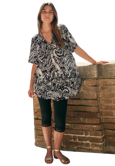 Plus Size Angelina Crinkle Crepe Y Neck Short Sleeve Tunic