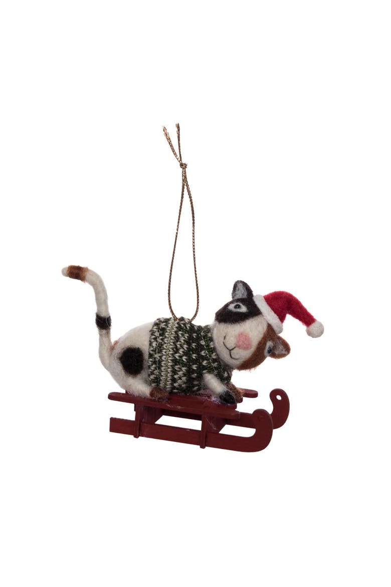 Cat On Sleigh Christmas Tree Ornament, Main, color, Black