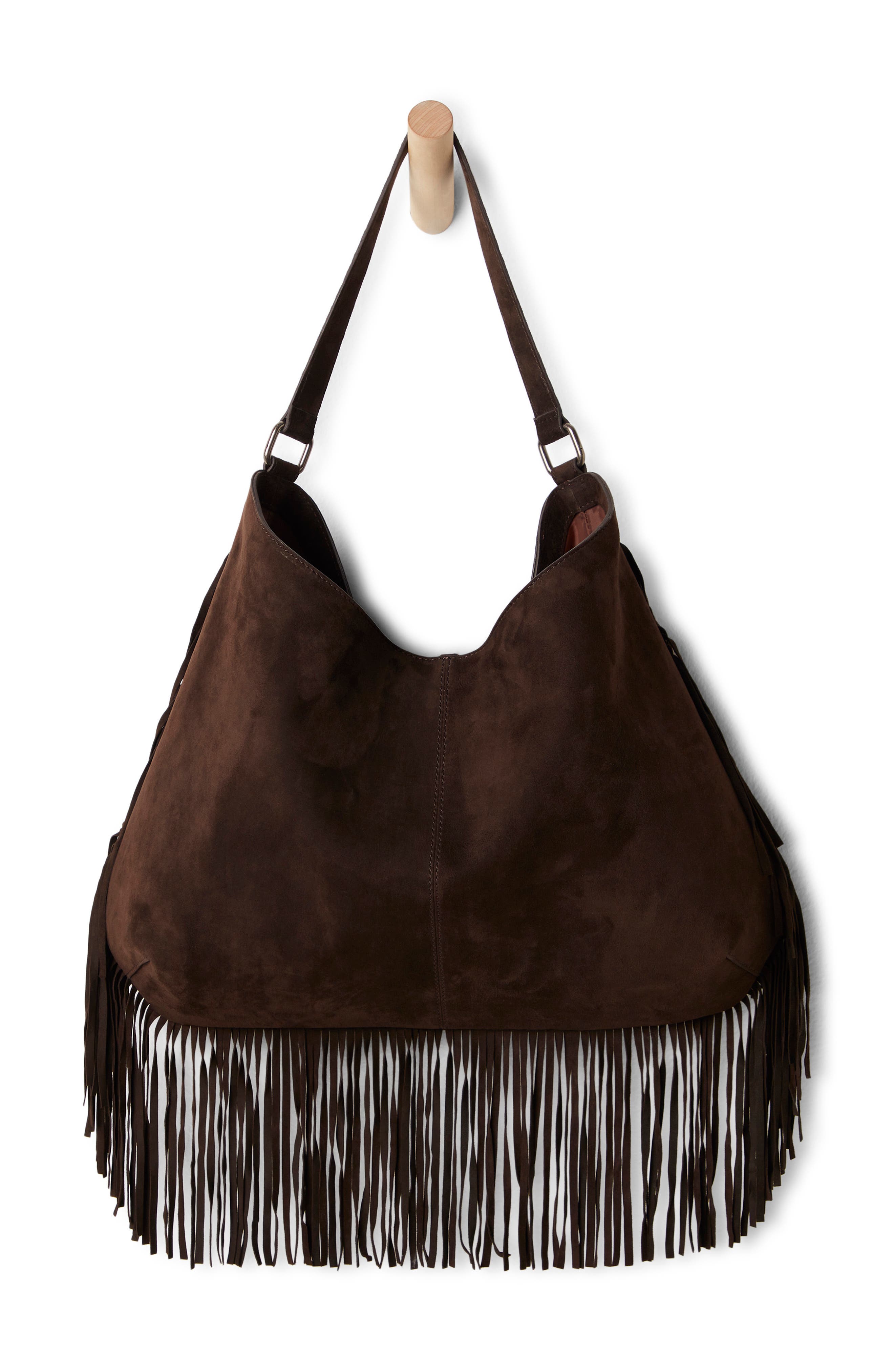 Finn Fringe Leather Shoulder Bag, Main, color, ESPRESSO