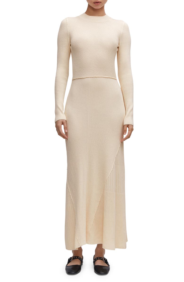 MANGO Long Sleeve Ribbed Sweater Dress, Main, color, Ecru