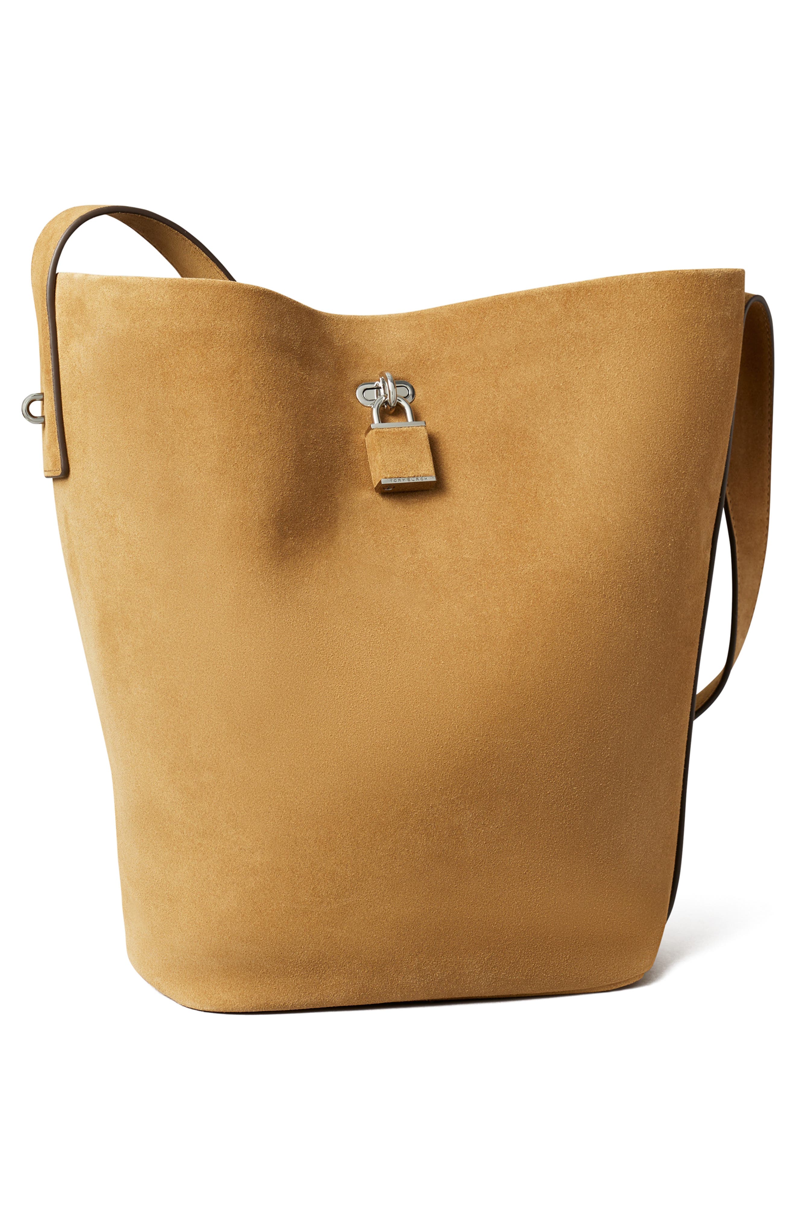 Tory Burch Slim Lock Suede Bucket Bag, Alternate, color, Toffee