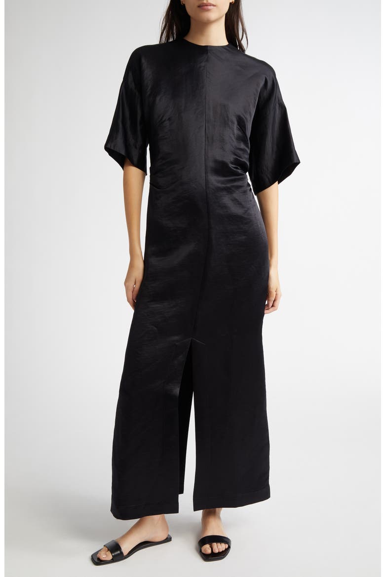 Ruby Fitted Linen & Silk Satin Dress, Main, color, BLACK