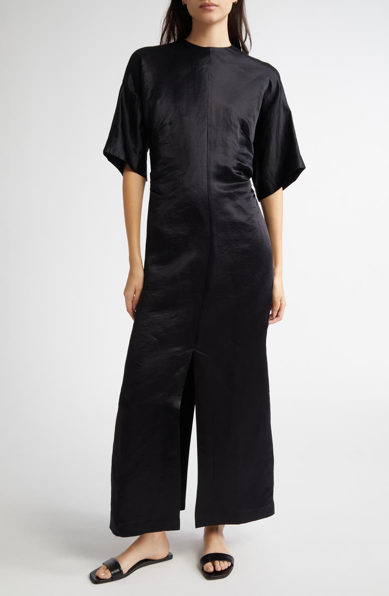 LOULOU DE SAISON Ruby Fitted Linen & Silk Satin Dress, Main, color, Black