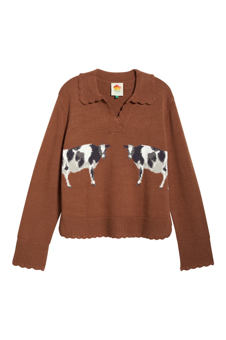 Countryside Cow Split Neck Sweater, Alternate, color, BROWN