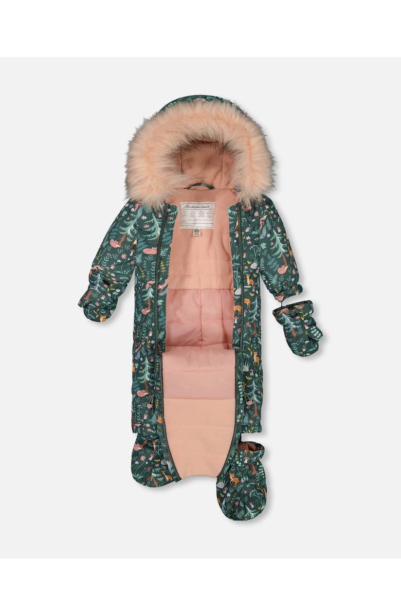 Deux par Deux Baby Girl's One Piece Baby Snowsuit Sage Printed Woodland Animals Designed For Car Seat, Alternate, color, 