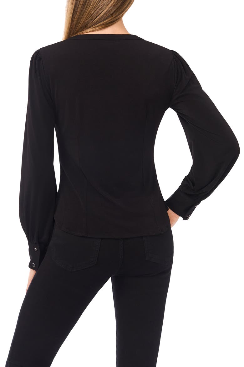 Shirred V-Neck Button-Up Shirt, Alternate, color, RICH BLACK