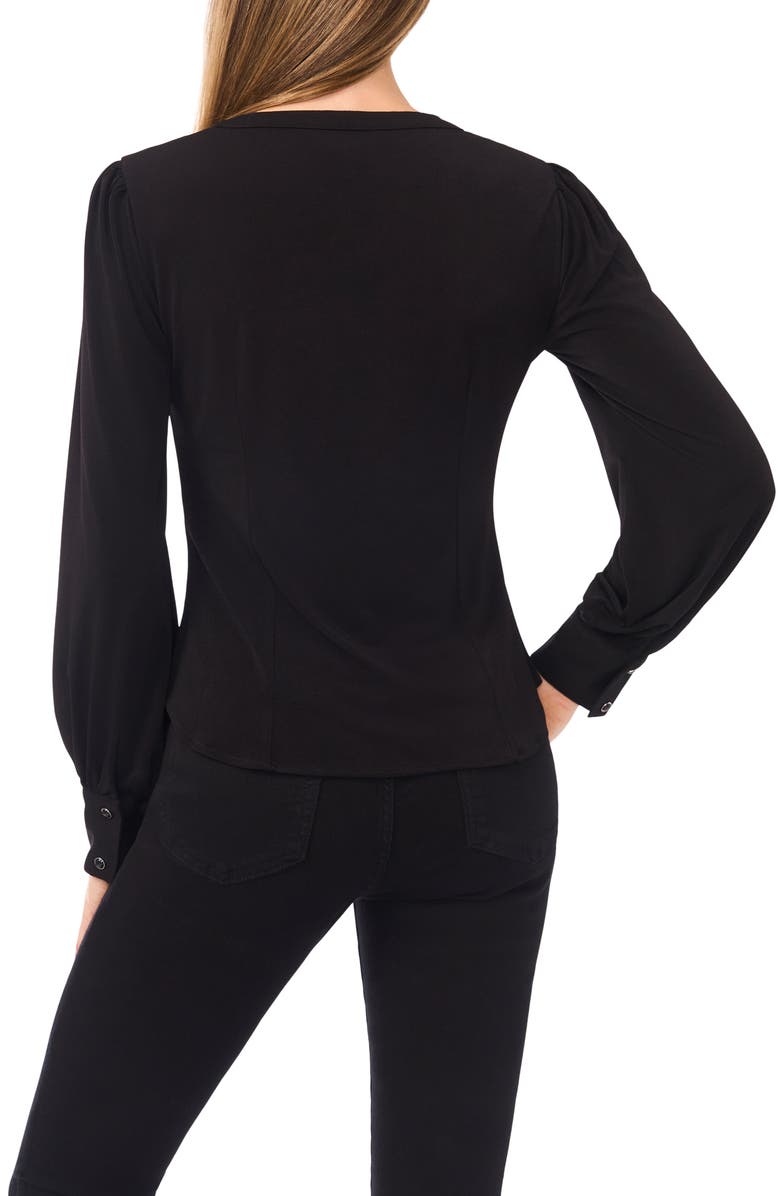 CeCe Shirred V-Neck Button-Up Shirt, Alternate, color, Rich Black