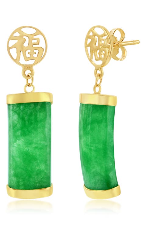 14K Gold Plated Rectangular Jade Earrings