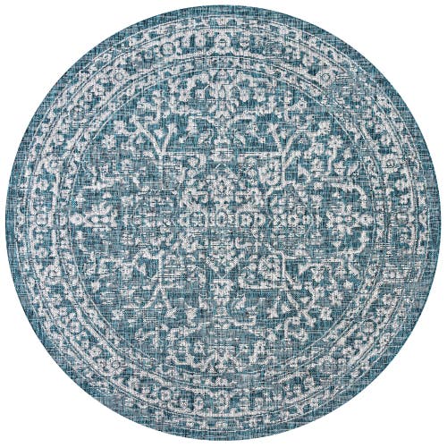 Jonathan Y Malta Bohemian Medallion Textured Weave Indoor/outdoor Round Area Rug In Teal/gray