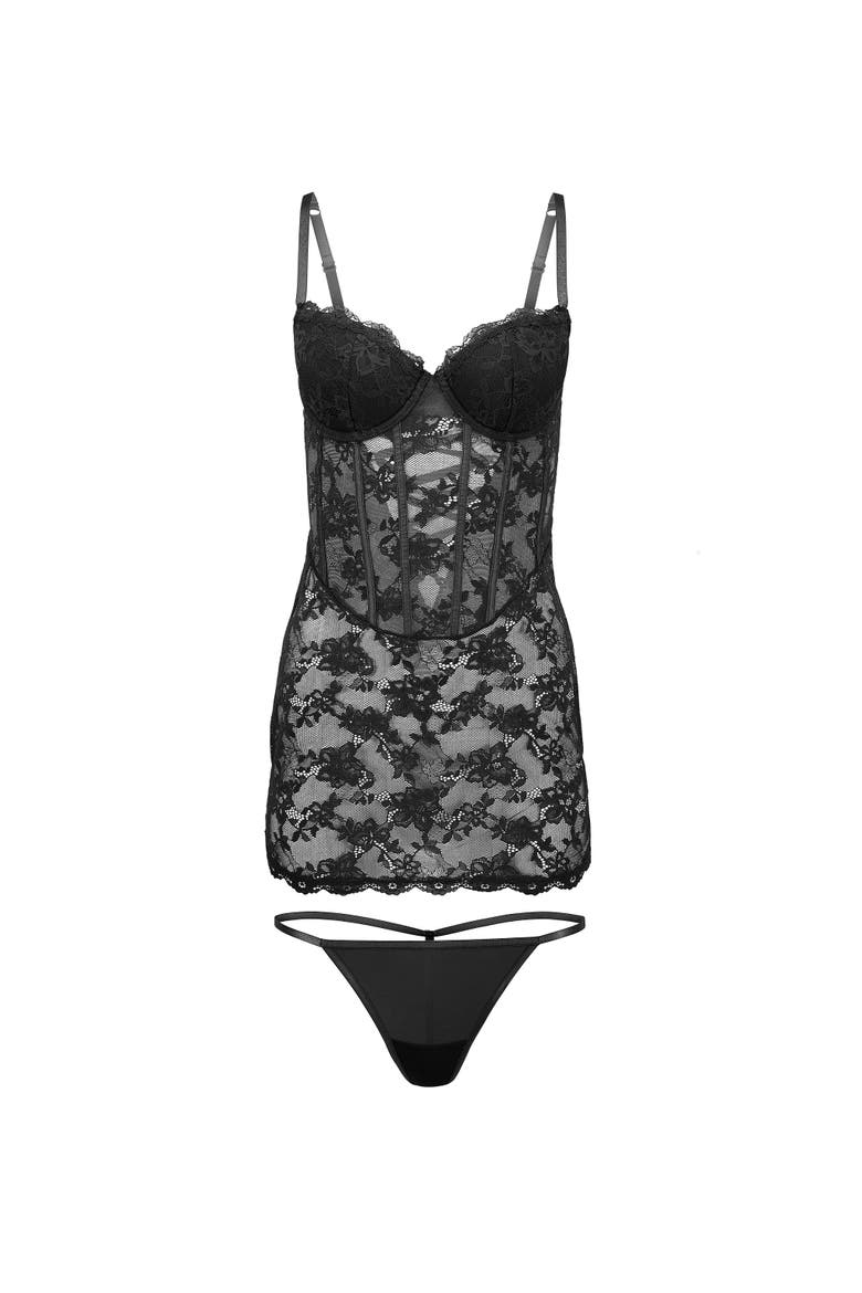 Brielle Babydoll & G-String Set Lingerie, Alternate, color, Jet Black