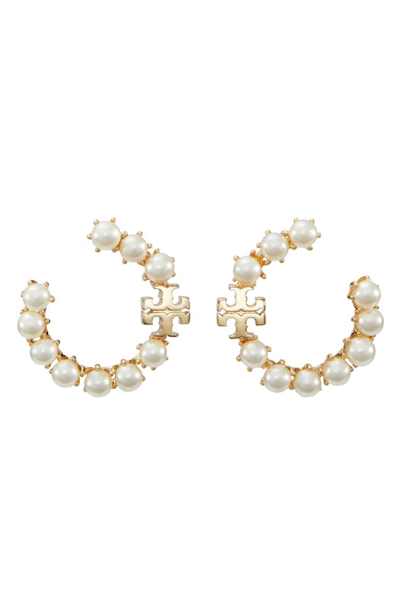 Tory Burch Kira Imitation Pearl Frontal Hoop Earrings, Main, color,