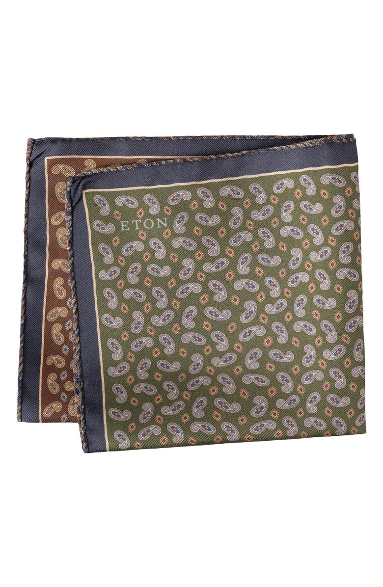 Eton Paisley & Medallion Reversible Silk Pocket Square, Main, color, Blue Multi