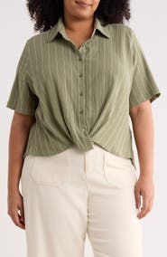 Caslon® Twist Front Textured Stripe Knit Shirt