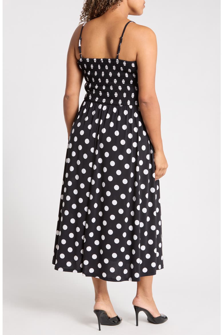 Smocked Bodice Midi Dress, Alternate, color, BK WHT DOT