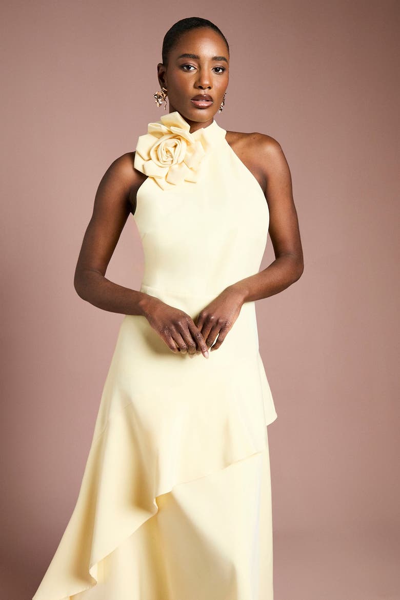 Corsage High Neck Midi Dress, Alternate, color, Lemon