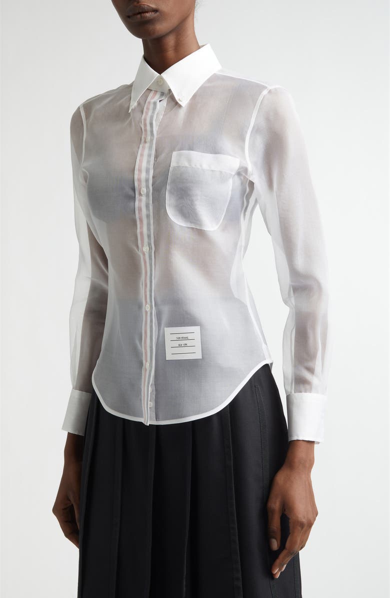 Thom Browne Silk Organza Button-Up Shirt, Alternate, color, White